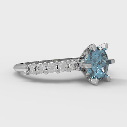 1.05 cttw Natural Swiss Blue Topaz Solitaire with Zirconia Simulated Diamond Accents Engagement Ring - Solid Gold (Round Cut,6.0mm)