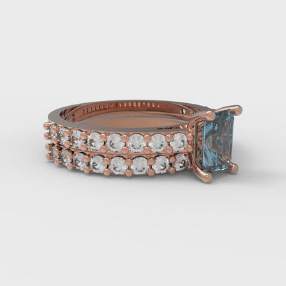 1.325 cttw Emerald Cut Natural Swiss Blue Topaz Bridal Set - Solid Rose Gold Engagement Ring & Wedding Band