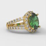 2.78 ct Brilliant Oval Cut Simulated Emerald Stone Yellow Gold Halo Solitaire with Accents Ring