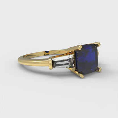 1.62 cttw Simulated Blue Sapphire Three-Stone Engagement Ring - Solid Yellow Gold (VVS1, Square Emerald Cut,6.5X6.5mm)