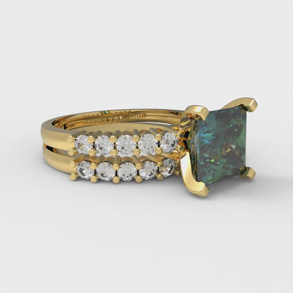 2.63 cttw Princess Cut Blue Moissanite Bridal Set - Solid Yellow Gold Engagement Ring & Wedding Band