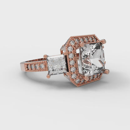 3.005 cttw Moissanite Three-Stone Engagement Ring - Solid Rose Gold (VVS1, Princess Cut,7.0mm)