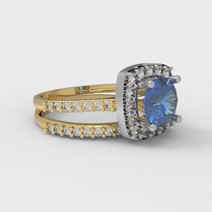 1.495 cttw Round Cut Simulated Tanzanite Bridal Set - Solid Yellow/White Gold Engagement Ring & Wedding Band