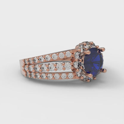 1.83 cttw Simulated Blue Sapphire Hidden Halo Engagement Ring - Solid Gold (Round Cut,6.5mm)