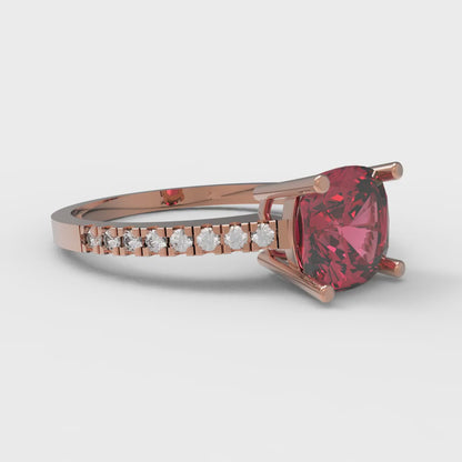 2.7 cttw Simulated Pink Tourmaline Solitaire with Zirconia Simulated Diamond Accents Engagement Ring - Solid Gold (Cushion Cut,6.5mm)