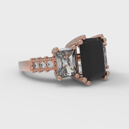 4.27 cttw Natural Onyx Three-Stone Engagement Ring - Solid Gold (Emerald Cut,9x7mm)