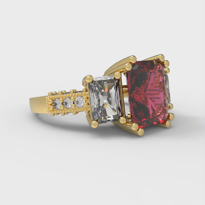 4.27 cttw Natural Garnet Three-Stone Engagement Ring - Solid Gold (Emerald Cut,9x7mm)