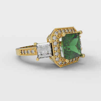 3.005 cttw Simulated Emerald Three-Stone Engagement Ring - Solid Gold (Princess Cut,7.0mm)