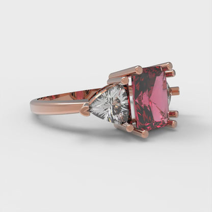 2.82 cttw Simulated Pink Tourmaline Three-Stone Engagement Ring - Solid Gold (Emerald Cut,8x6mm)