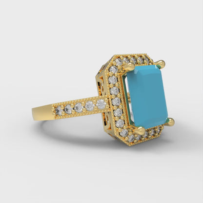 2.78 cttw Simulated Turquoise Hidden Halo Engagement Ring - Solid Yellow Gold (VVS1, Emerald Cut,8.5x6.5mm)