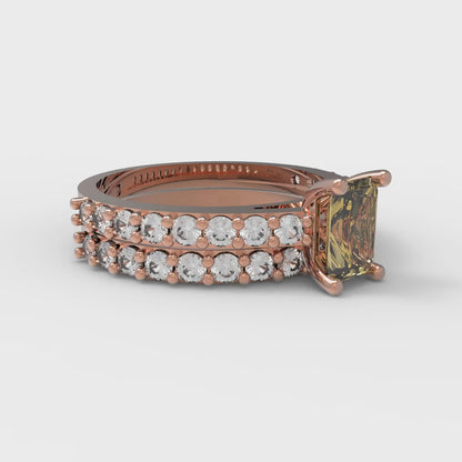 1.325 cttw Emerald Cut Simulated Yellow Diamond Bridal Set - Solid Rose Gold Engagement Ring & Wedding Band