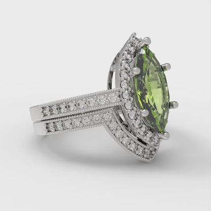 2.4875 cttw Marquise Cut Natural Peridot Bridal Set - Solid White Gold Engagement Ring & Wedding Band