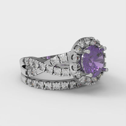 1.795 cttw Round Cut Natural Amethyst Bridal Set - Solid White Gold Engagement Ring & Wedding Band