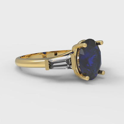 2.5 cttw Simulated Blue Sapphire Three-Stone Engagement Ring - Solid Gold (Oval Cut,9x7mm)