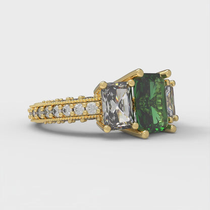 3.61 cttw Simulated Emerald Three-Stone Engagement Ring - Solid Gold (Emerald Cut,8x6mm)