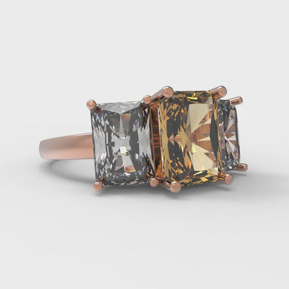 4 cttw Zirconia Simulated Champagne Diamond Three-Stone Engagement Ring - Solid Rose Gold (VVS1, Emerald Cut,8x6mm)