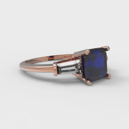 1.62 cttw Simulated Blue Sapphire Three-Stone Engagement Ring - Solid Rose Gold (VVS1, Square Emerald Cut,6.5X6.5mm)