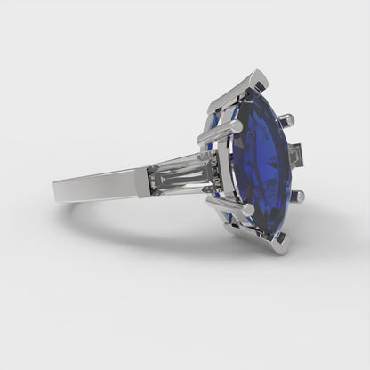 2 cttw Simulated Blue Sapphire Three-Stone Engagement Ring - Solid White Gold (VVS1, Marquise Cut,11x5.5mm)