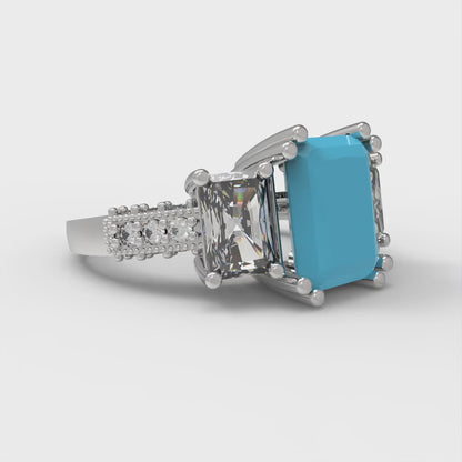 4.27 cttw Simulated Turquoise Three-Stone Engagement Ring - Solid Gold (Emerald Cut,9x7mm)