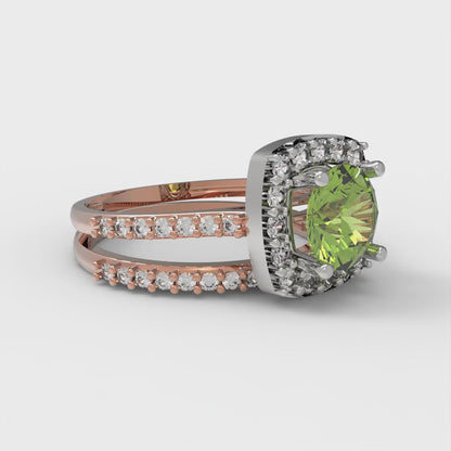 1.495 cttw Round Cut Natural Peridot Bridal Set - Solid Rose/White Gold Engagement Ring & Wedding Band