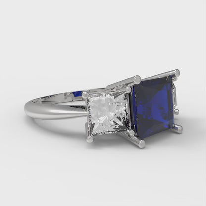 2.5 cttw Simulated Blue Sapphire Three-Stone Engagement Ring - Solid White Gold  (VVS1, Princess Cut,6.5 mm)