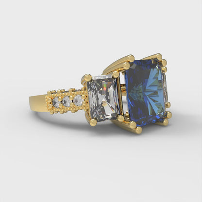 4.27 cttw Simulated Tanzanite Three-Stone Engagement Ring - Solid Gold (Emerald Cut,9x7mm)