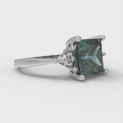 2.32 cttw Blue Moissanite Three-Stone Engagement Ring - Solid White Gold (VVS1, Princess Cut,7.0mm)