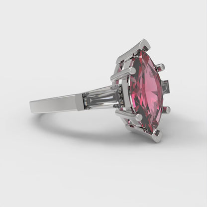 2 cttw Simulated Pink Tourmaline Three-Stone Engagement Ring - Solid Gold (Marquise Cut,11x5.5mm)