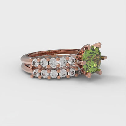 1.66 cttw Round Cut Natural Peridot Bridal Set - Solid Rose Gold Engagement Ring & Wedding Band