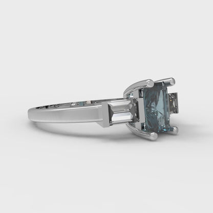 0.8 cttw Natural London Blue Topaz Three-Stone Engagement Ring - Solid White Gold (VVS1, Emerald Cut,6x4mm)