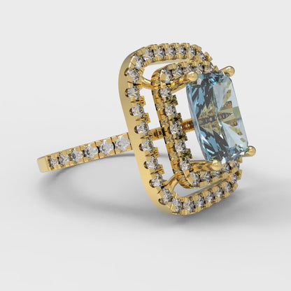 2.62 cttw Natural Aquamarine Hidden Halo Engagement Ring - Solid Yellow Gold (VVS1, Emerald Cut,8X6.0mm)