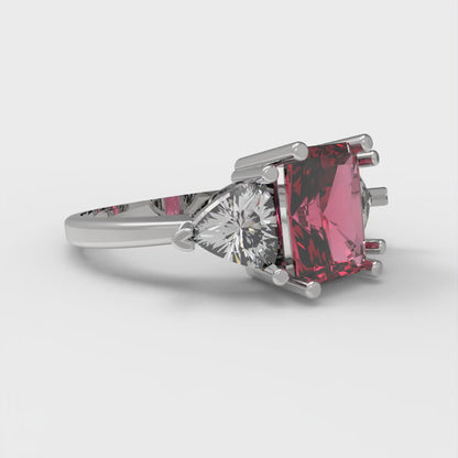 2.82 cttw Simulated Pink Tourmaline Three-Stone Engagement Ring - Solid Gold (Emerald Cut,8x6mm)
