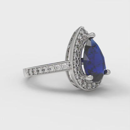 2.36 cttw Simulated Blue Sapphire Hidden Halo Engagement Ring - Solid Gold (Pear Cut,10x7mm)