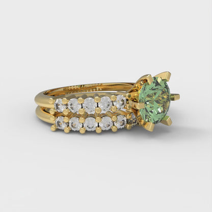 1.66 cttw Round Cut Simulated Green Diamond Bridal Set - Solid Yellow Gold Engagement Ring & Wedding Band