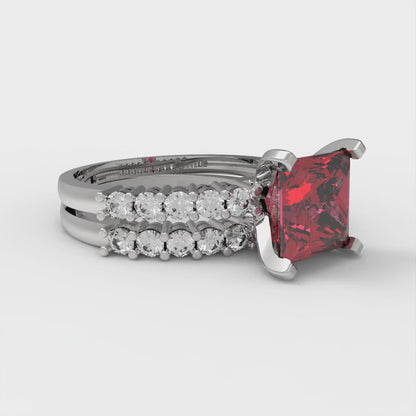 2.63 cttw Princess Cut Simulated Ruby Bridal Set - Solid White Gold Engagement Ring & Wedding Band
