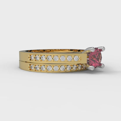 0.86 cttw Round Cut Simulated Ruby Bridal Set - Solid Yellow/White Gold Engagement Ring & Wedding Band