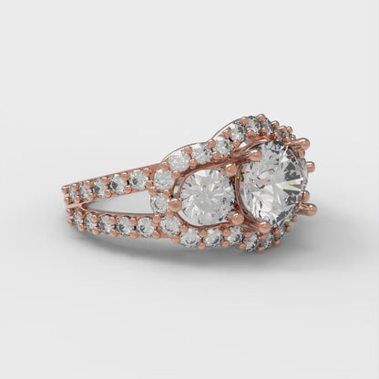 2.16 cttw White Sapphire Three-Stone Engagement Ring - Solid Rose Gold (VVS1, Round Cut,6.5mm)