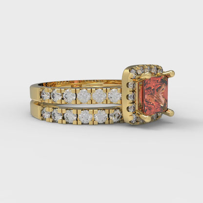 1.56 cttw Princess Cut Simulated Red Diamond Bridal Set - Solid Yellow Gold Engagement Ring & Wedding Band