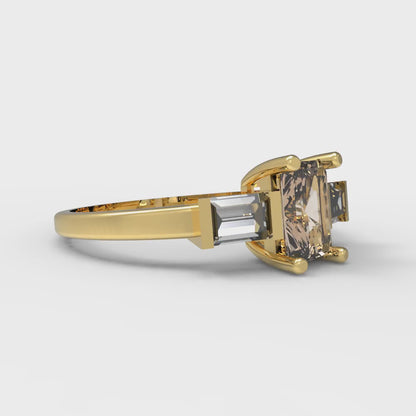 0.8 cttw Yellow Moissanite Three-Stone Engagement Ring - Solid Yellow Gold (VVS1, Emerald Cut,6x4mm)