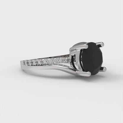 1.71 cttw Natural Onyx Solitaire with Zirconia Simulated Diamond Accents Engagement Ring - Solid White Gold (VVS1, Round Cut,7.5mm)