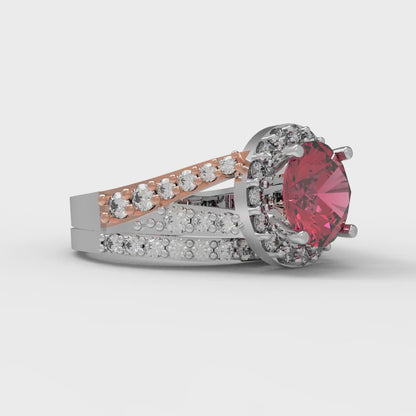 2.32 cttw Round Cut Simulated Pink Tourmaline Bridal Set - Solid White/Rose Gold Engagement Ring & Wedding Band