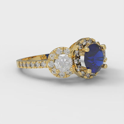 1.46 cttw Simulated Blue Sapphire Three-Stone Engagement Ring - Solid Yellow Gold (VVS1, Round Cut,6.0mm)