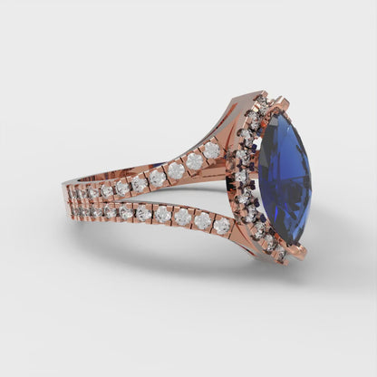 1.2 cttw Simulated Blue Sapphire Hidden Halo Engagement Ring - Solid Gold (Marquise Cut,9x4.5mm)