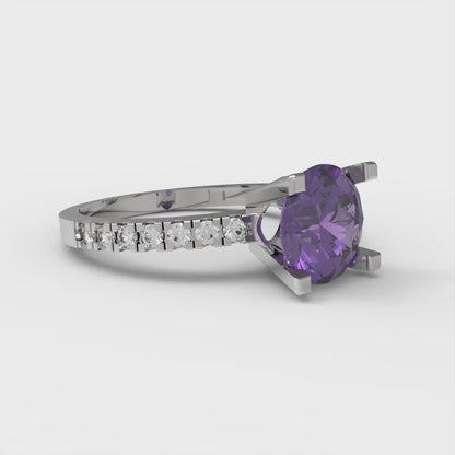 1.71 cttw Natural Amethyst Solitaire with Zirconia Simulated Diamond Accents Engagement Ring - Solid Gold (Round Cut,7.5mm)