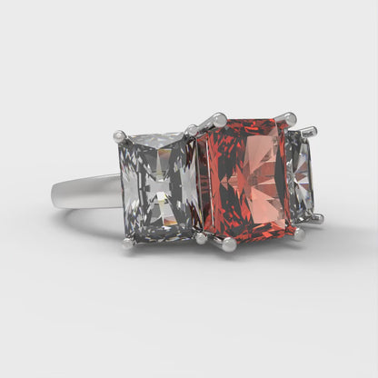 4 cttw Zirconia Simulated Red Diamond Three-Stone Engagement Ring - Solid Gold (VVS1, Emerald Cut,8x6mm)