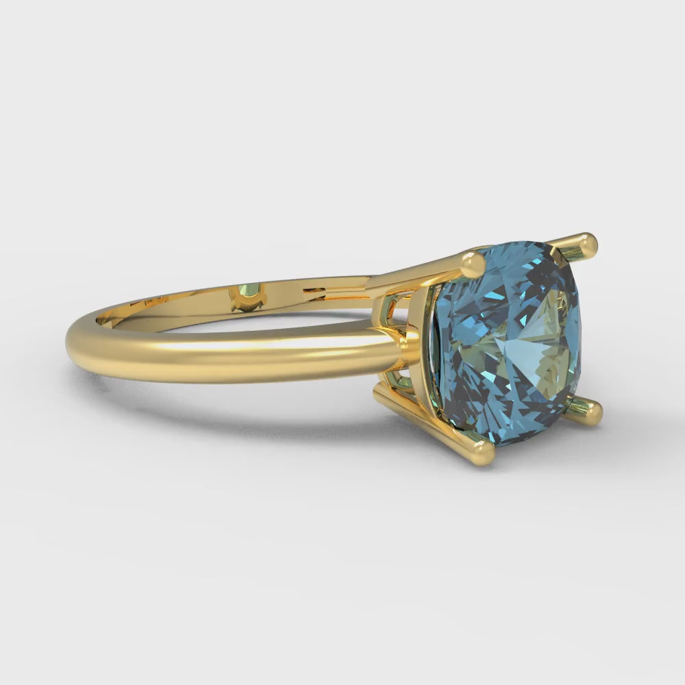 2 cttw Zirconia Simulated Blue Diamond Solitaire  Engagement Ring - Solid Gold (VVS1, Cushion Cut,7mm)