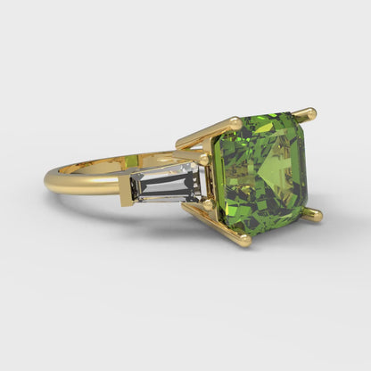 3 cttw Natural Peridot Three-Stone Engagement Ring - Solid Yellow Gold (VVS1, Asscher Cut,8.0mm)