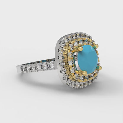 1.615 cttw Simulated Turquoise Hidden Halo Engagement Ring - Solid White/Yellow Gold (VVS1, Round Cut,6.5mm)