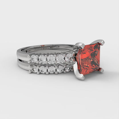 2.63 cttw Princess Cut Simulated Red Diamond Bridal Set - Solid White Gold Engagement Ring & Wedding Band