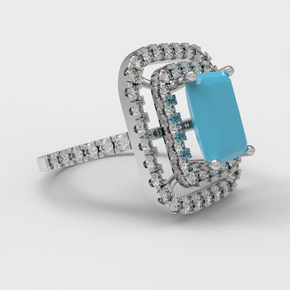2.62 cttw Simulated Turquoise Hidden Halo Engagement Ring - Solid White Gold (VVS1, Emerald Cut,8X6.0mm)
